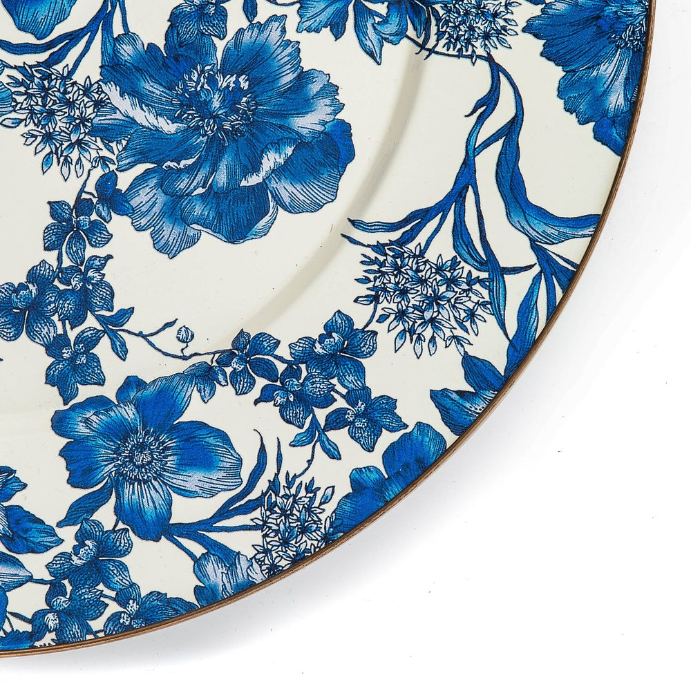 Close up photo of a decorative plate with blue floral design on a white background