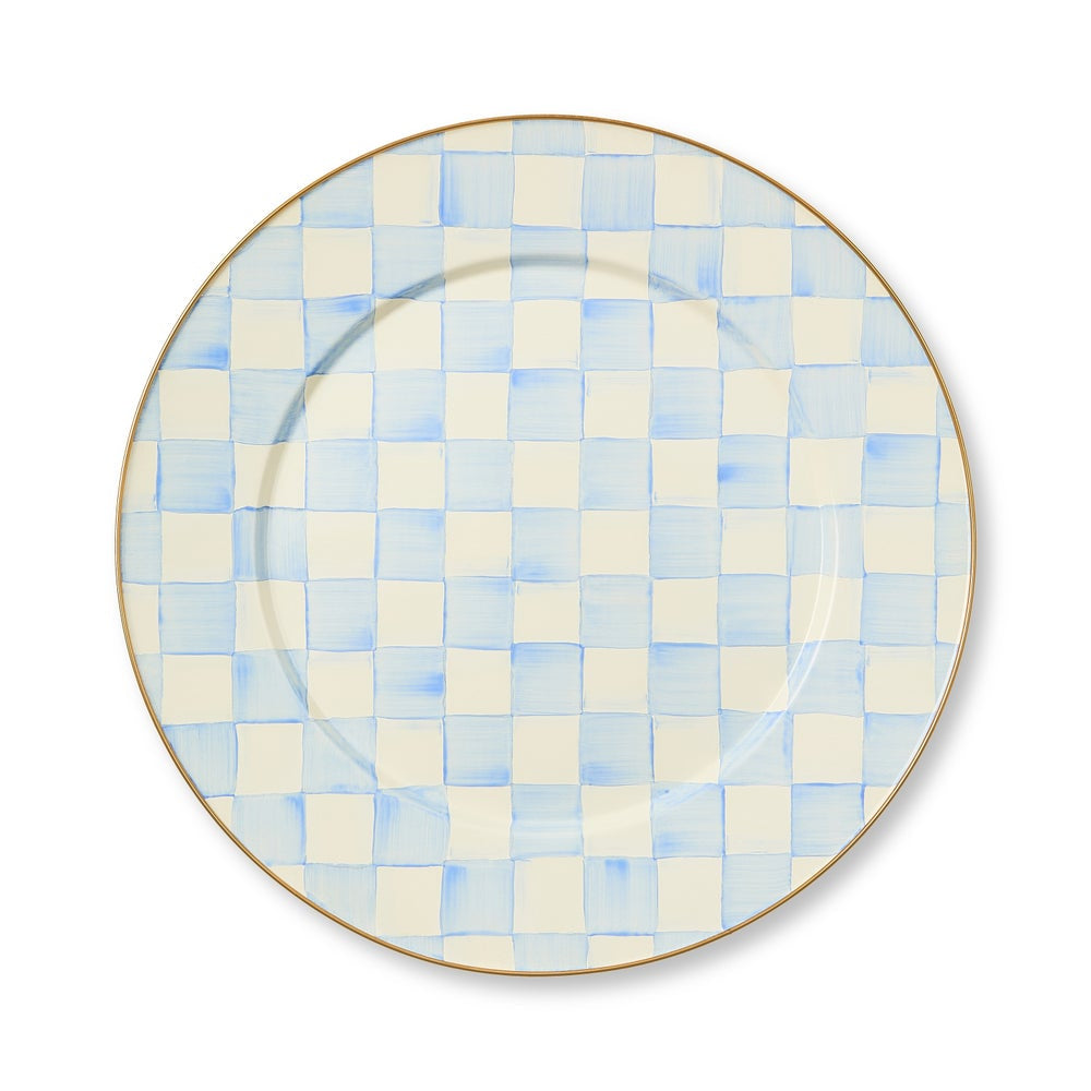 The top of a round platter  featuring a light blue and cream checkered pattern with a thin gold rim, shown from a top-down view on a white background.