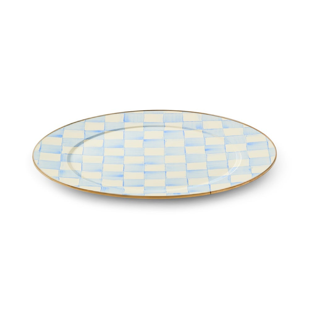 Checkered  platter with blue and beige pattern on a white background.