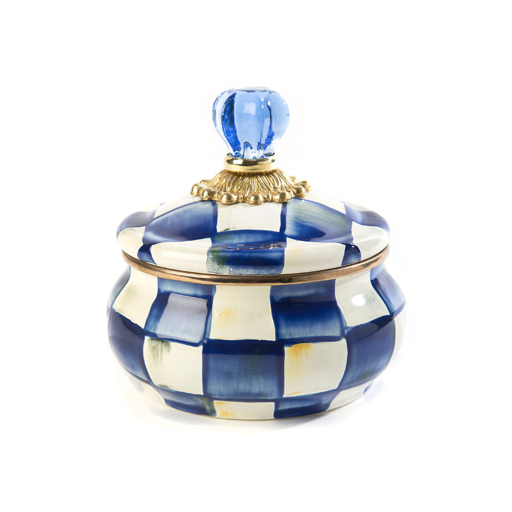 Decorative jar with royal blue and white checkered pattern on a white background