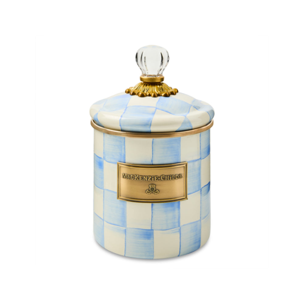 Small decorative canister jar with sky blue and white checkered pattern and gold accents  on a white background