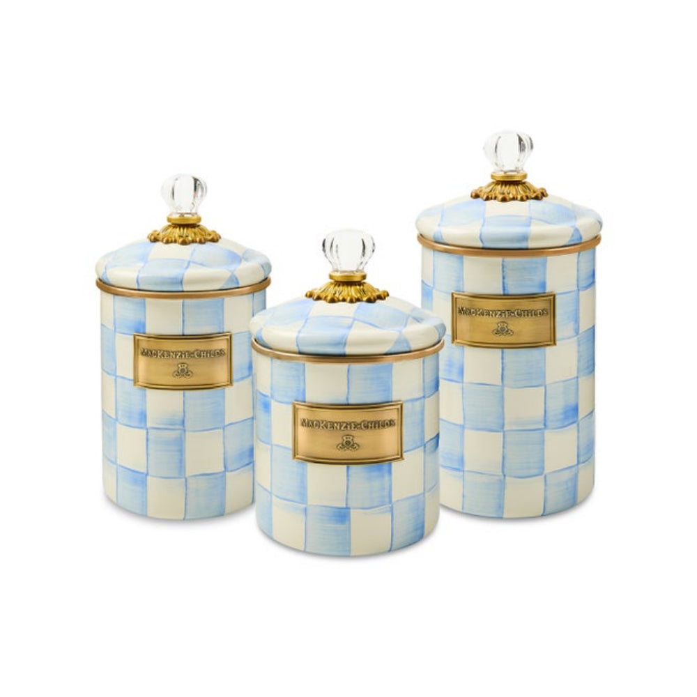 Set of three Sky Checkdecorative Canisters with blue and white checkered pattern on a white background. Shows small, medium, and large sizes. 