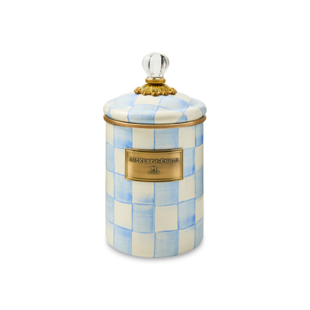 Medium decorative canister jar with sky blue and white checkered pattern and gold accents on a white background
