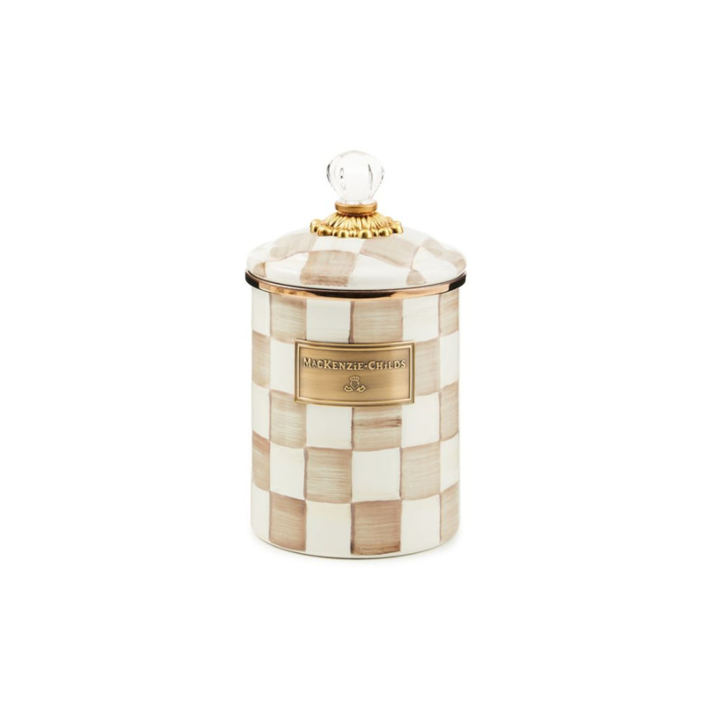 Medium decorative jar with a mocha checkered pattern and gold accents on a white background.