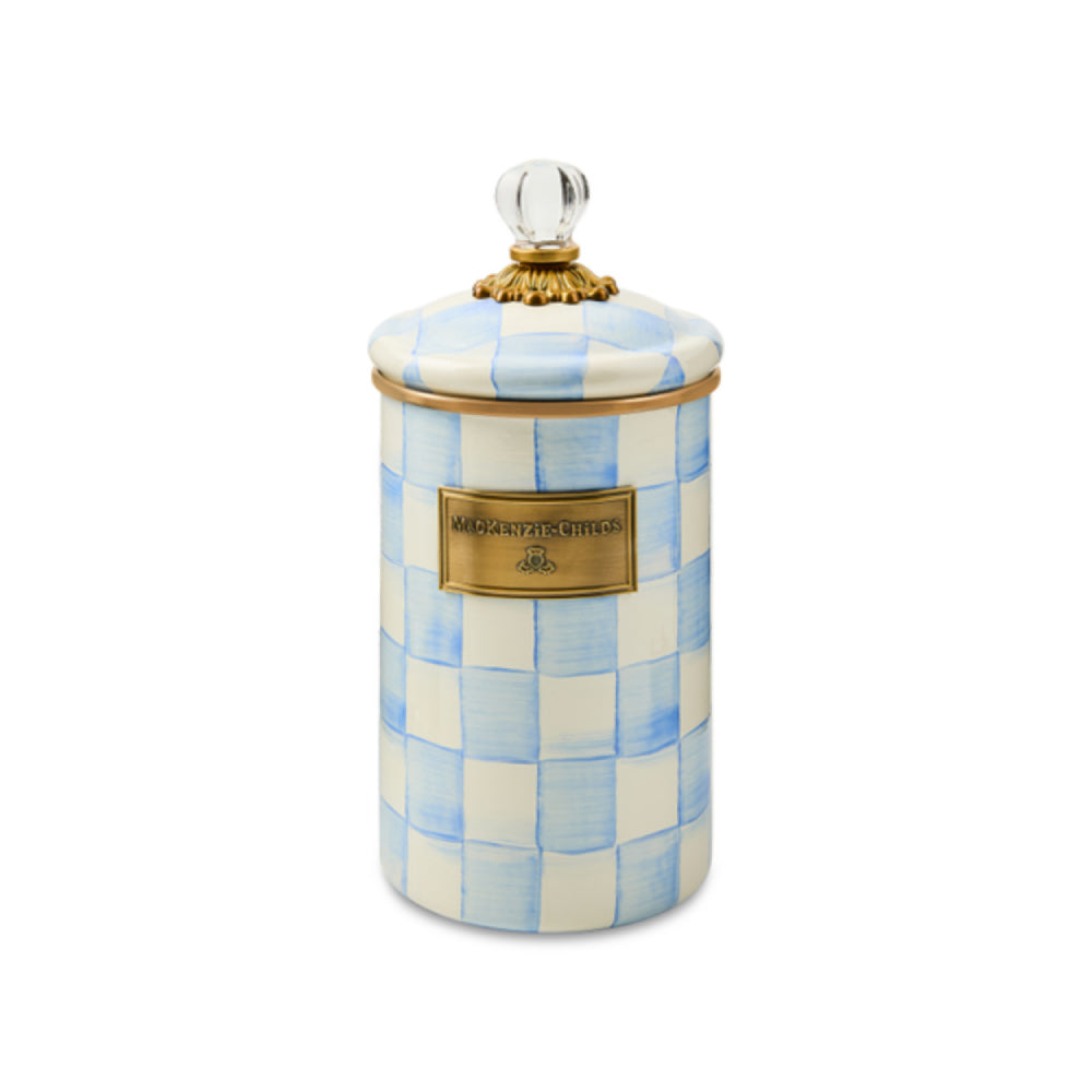 Large decorative canister jar with sky blue and white checkered pattern and gold accents on a white background