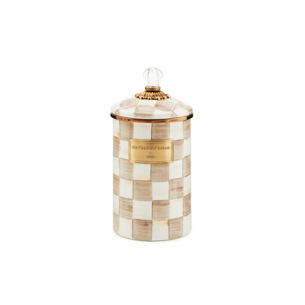 Large decorative jar with a mocha checkered pattern and gold accents on a white background.