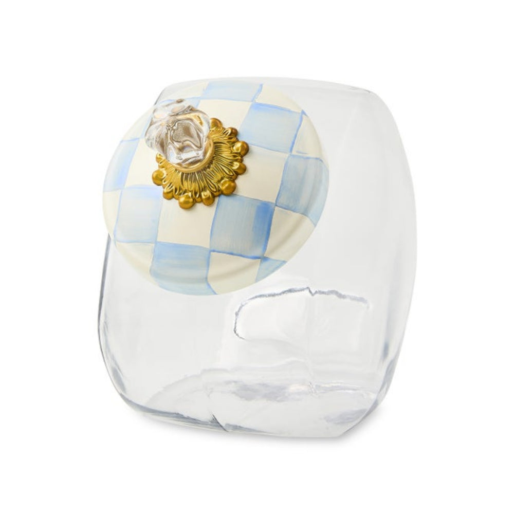 Clear glass cookie jar with a checkered lid featuring a gold emblem on a white background