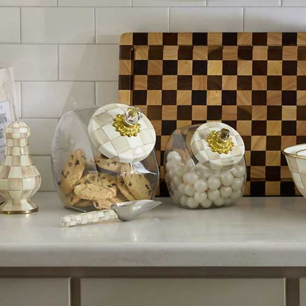 Mocha Check cookie jars on kitchen background