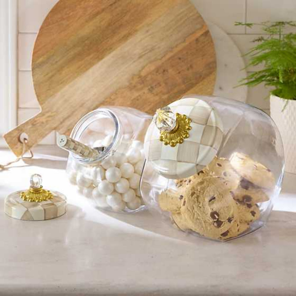 Mocha Check cookie jars on kitchen background/displays. 