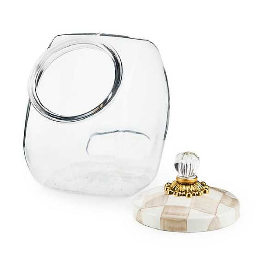 Mocha Check cookie jar with lid on white background