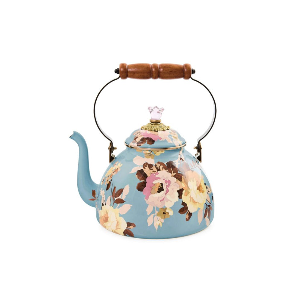 Light Blue Floral-patterned teapot with a wooden handle on a white background