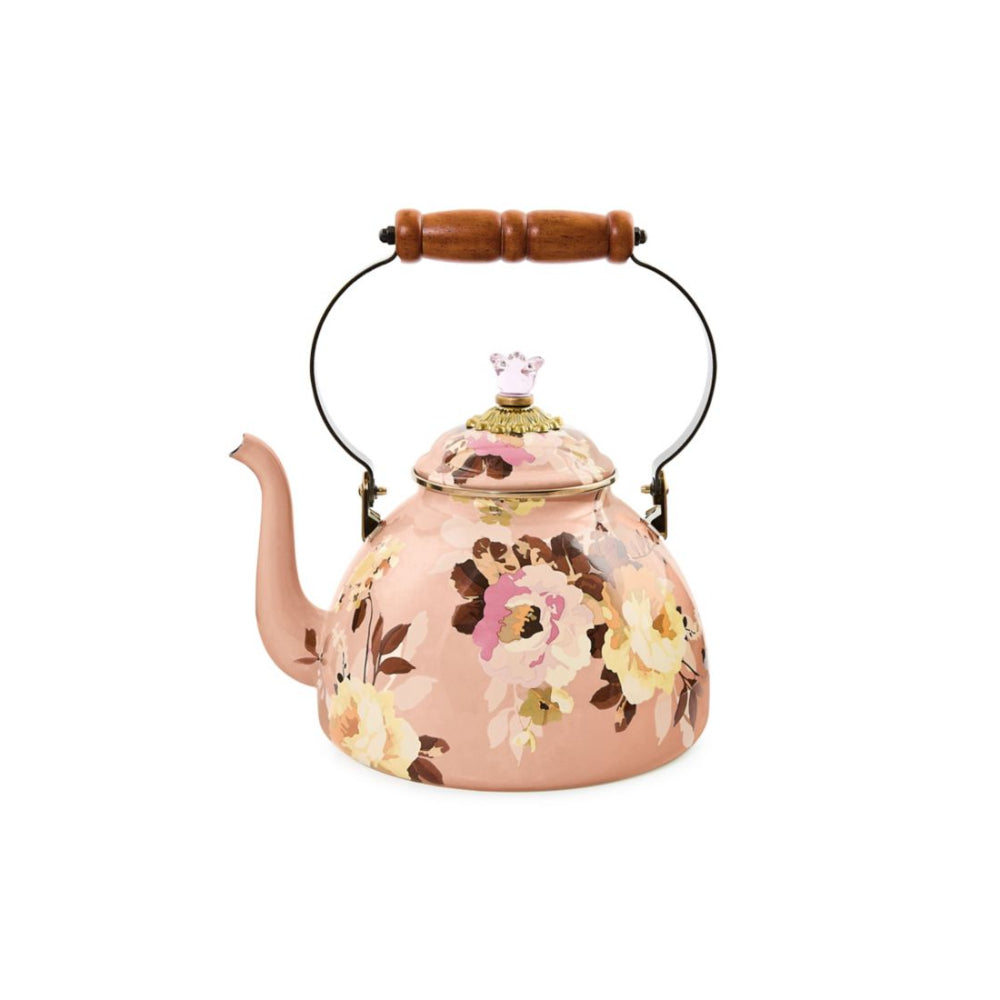 Pink Floral-patterned teapot with a wooden handle on a white background