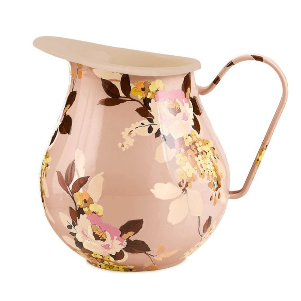 A ceramic pitcher with a light pink base and a floral pattern featuring pink, yellow, and white flowers with brown leaves, shown on a clean white background.