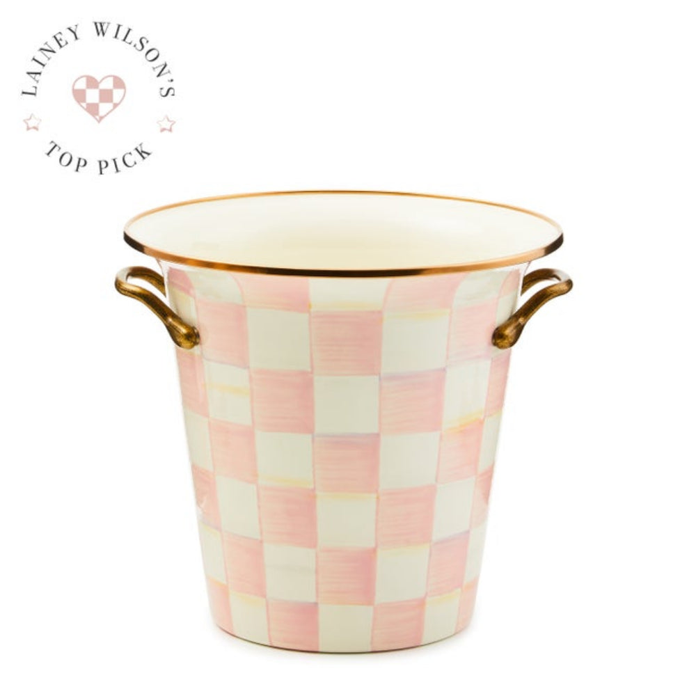 A pink and white checkered ice bucket with gold handles and a gold rim, shown on a white background with a 'Lainey Wilson's Top Pick' badge in the top left corner.