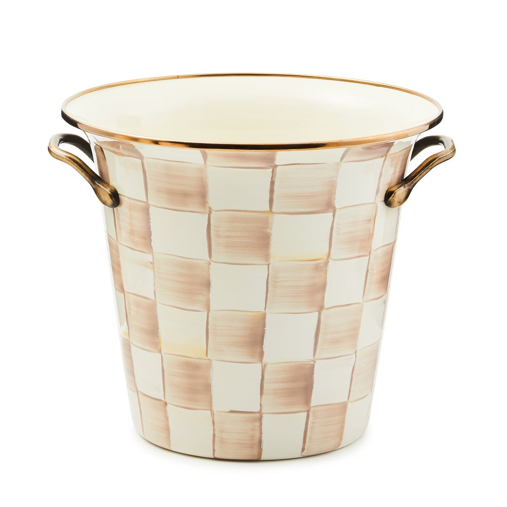 Decorative ceramic bucket with checkered pattern and gold accents on a white background.