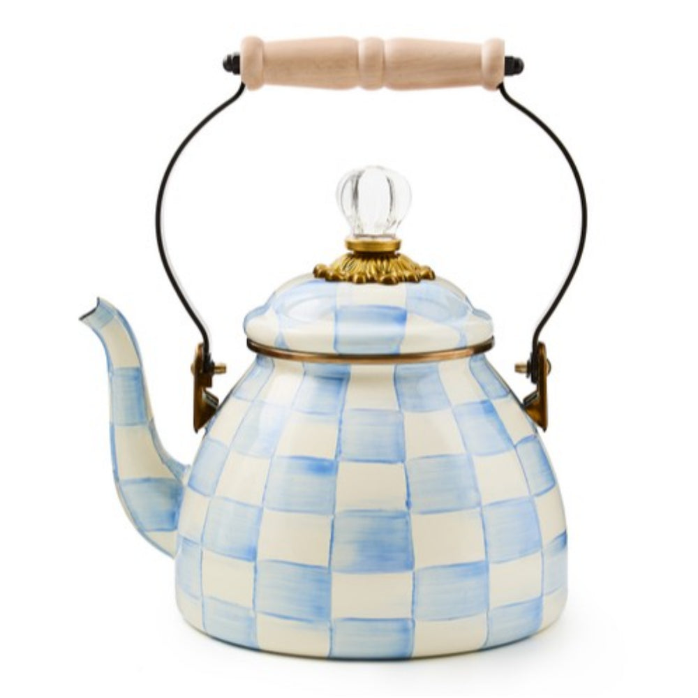 Decorative tea kettle with blue and white checkered pattern on a white background (sky check pattern of MacKenzie)