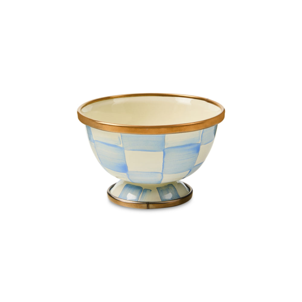 A pedestal bowl featuring a light blue and white checkered pattern, a gold rim, and a gold base, shown on a plain white background.