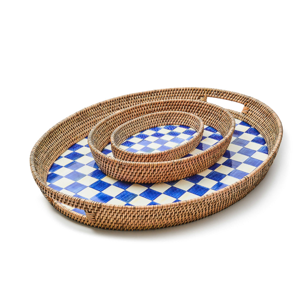 MacKenzie-Childs Royal Check Enamel & Rattan Serving Tray