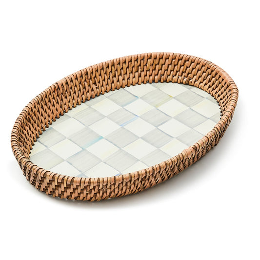 MacKenzie Childs Sterling Check Enamel & Rattan Serving Tray - Small