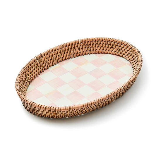 MacKenzie-Childs Rosy Check Enamel & Rattan Serving Tray
