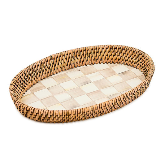 MacKenzie Childs Mocha Check Enamel & Rattan Serving Tray - Small