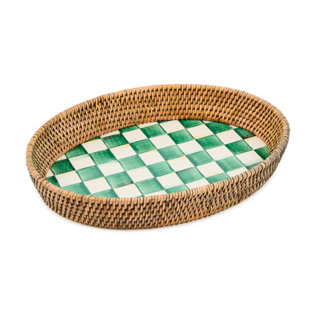 MacKenzie-Childs Emerald Check Enamel & Rattan Large Tray