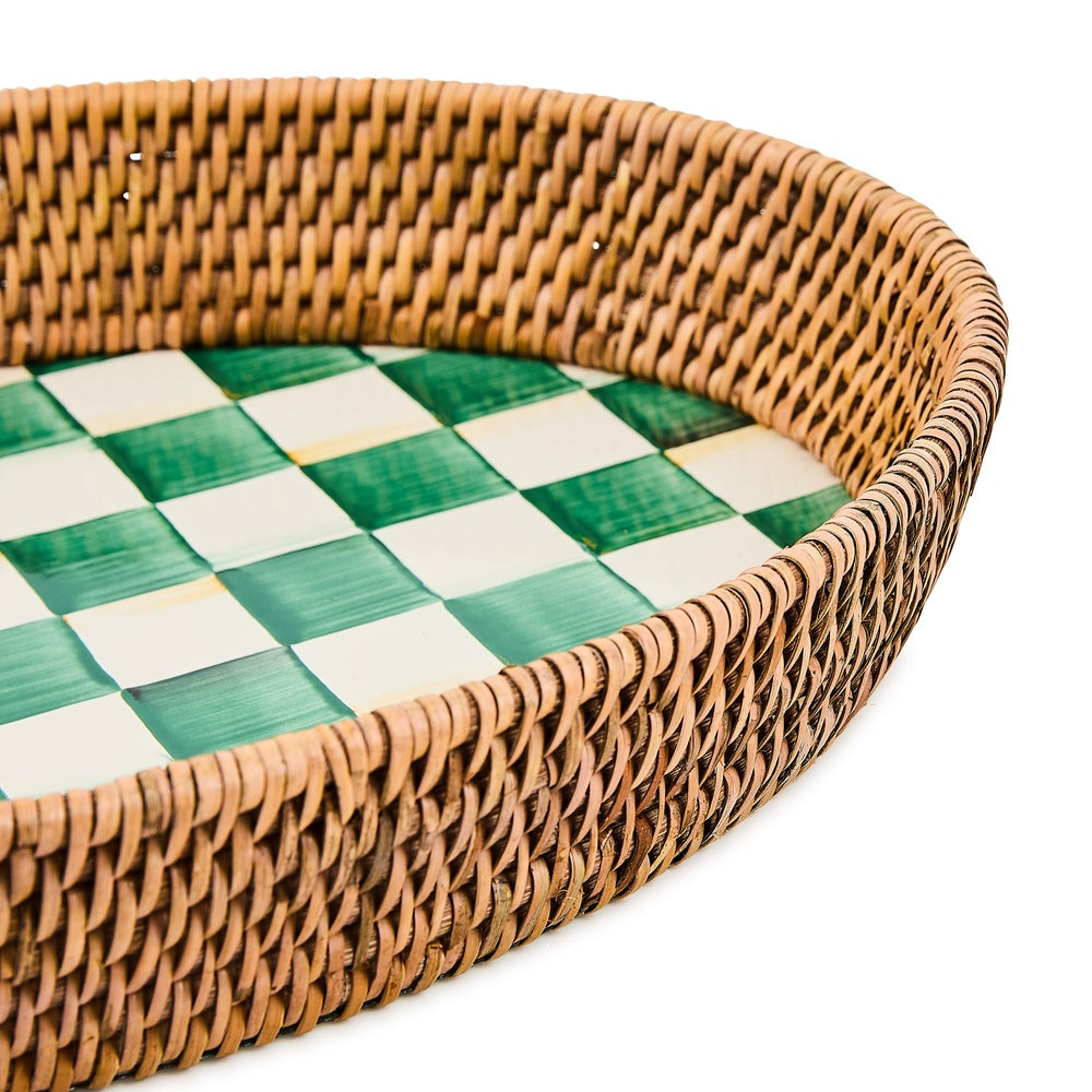 MacKenzie-Childs Emerald Check Enamel & Rattan Large Tray