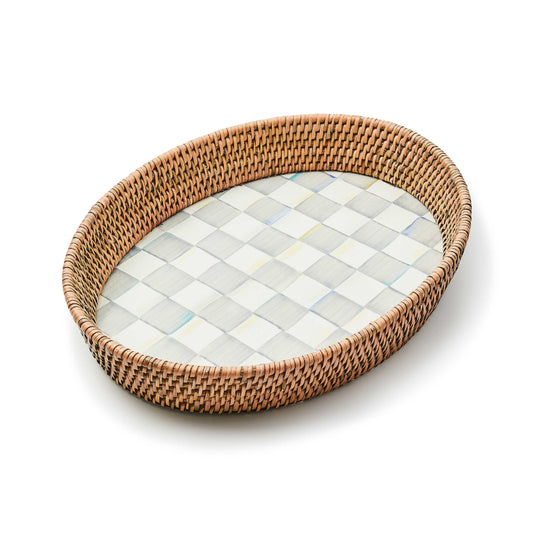 MacKenzie-Childs Sterling Check Large Enamel & Rattan Serving Tray