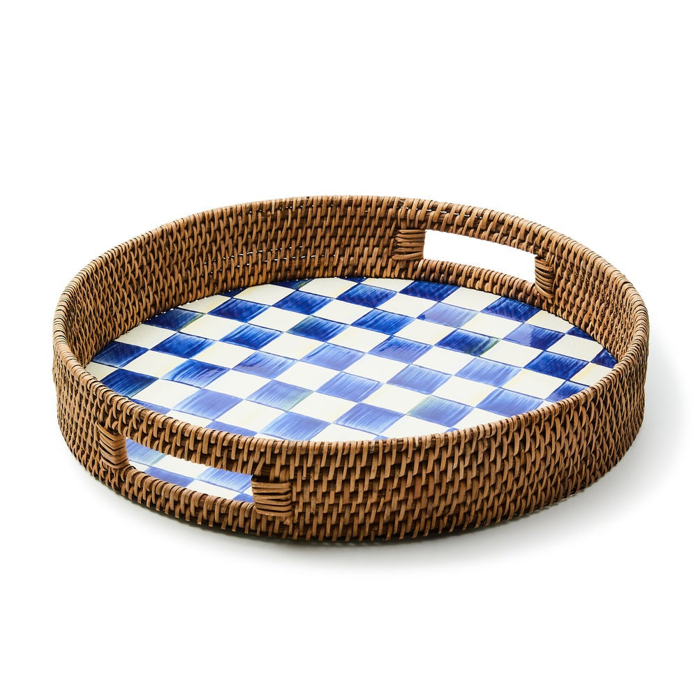 MacKenzie Childs Royal Check Enamel & Rattan Tray - Round