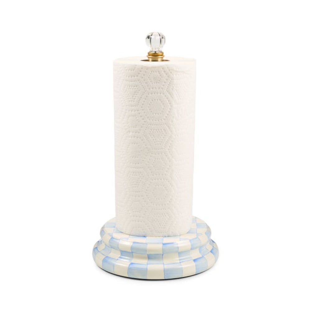 A paper towel holder with a white paper towel roll inserted, featuring a light blue and white checkered base and a clear crystal knob on a white background.