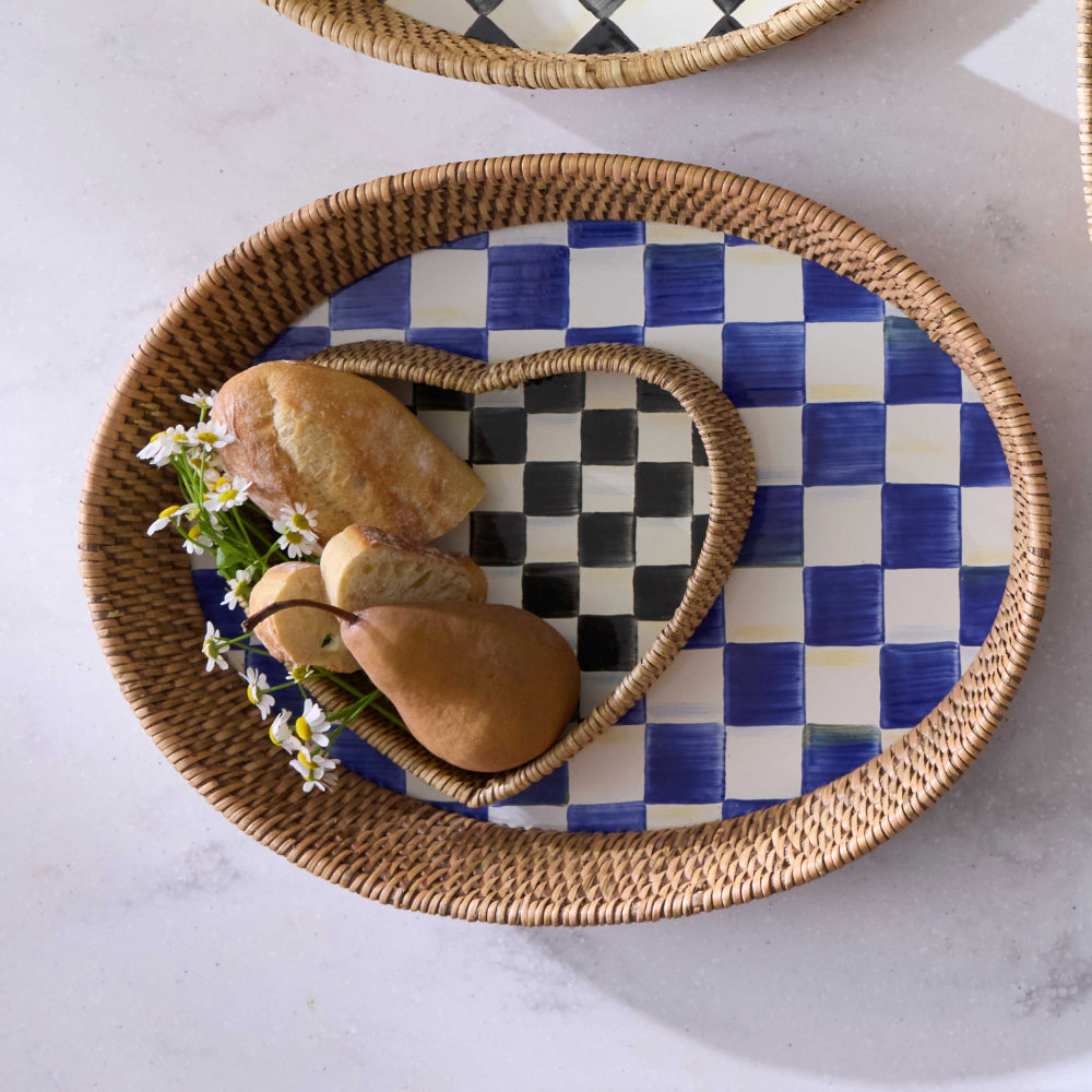 MacKenzie-Childs Courtly Check Enamel & Rattan Heart Tray
