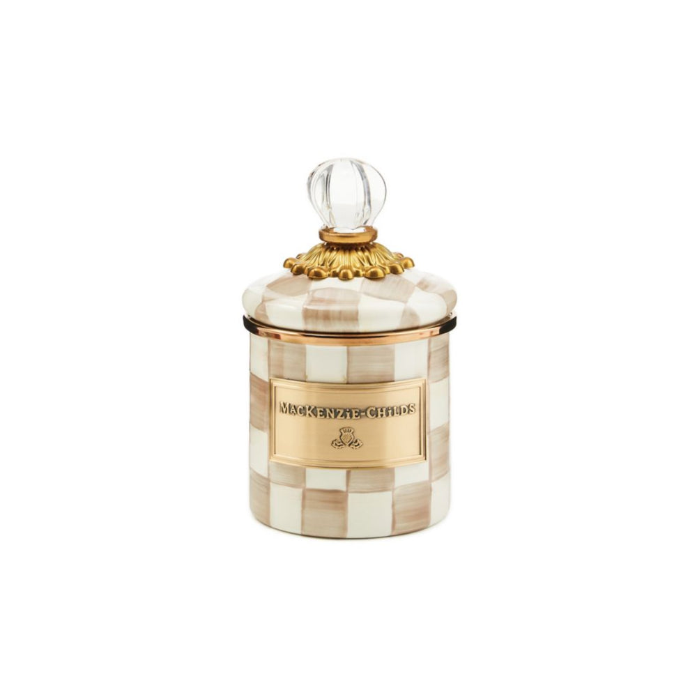 Mimi decorative jar with a mocha checkered pattern and gold accents on a white background.