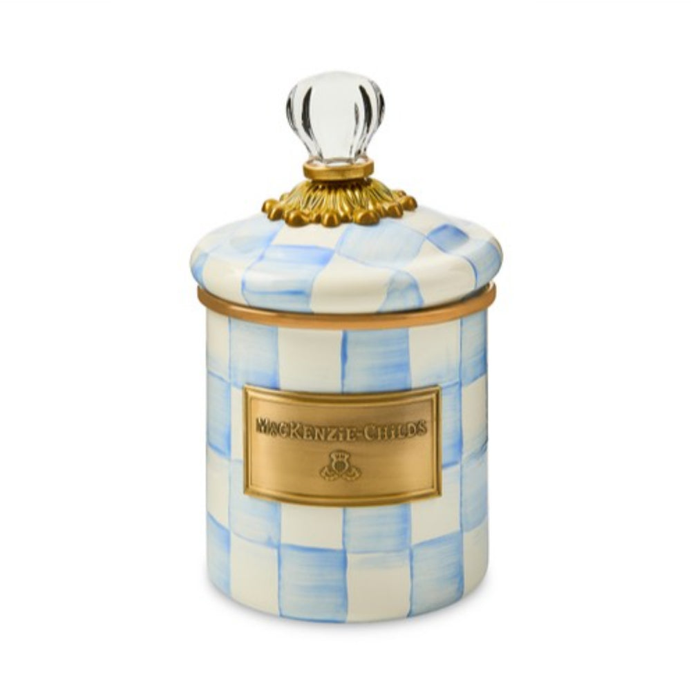 Decorative sky check canister with blue and white checkered pattern and gold accents on a white background