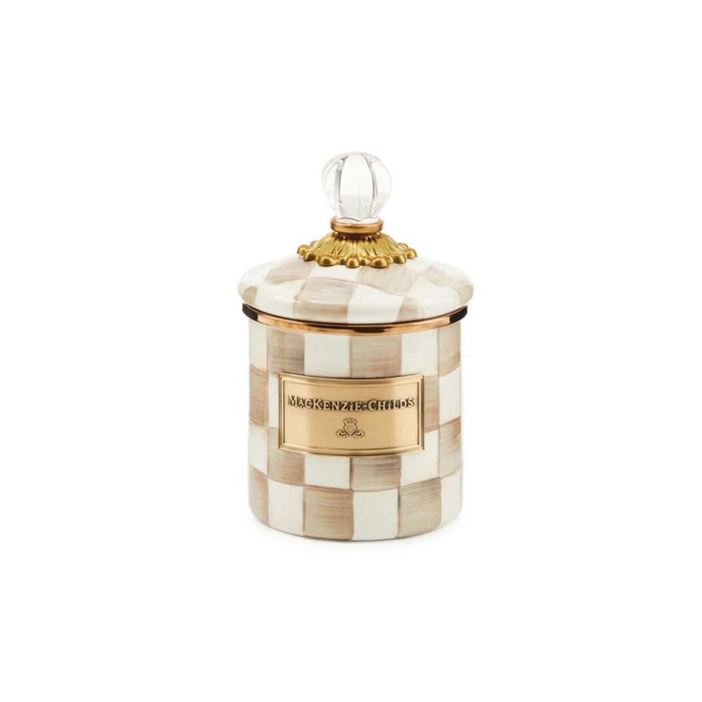 Demi decorative jar with a mocha checkered pattern and gold accents on a white background.