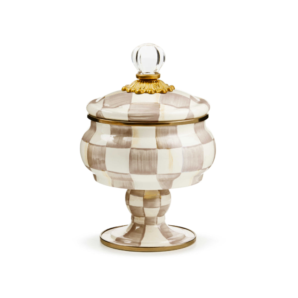 Mackenzie-Childs Mocha Check Curiosity Pot with clear top handle on a white backround. 