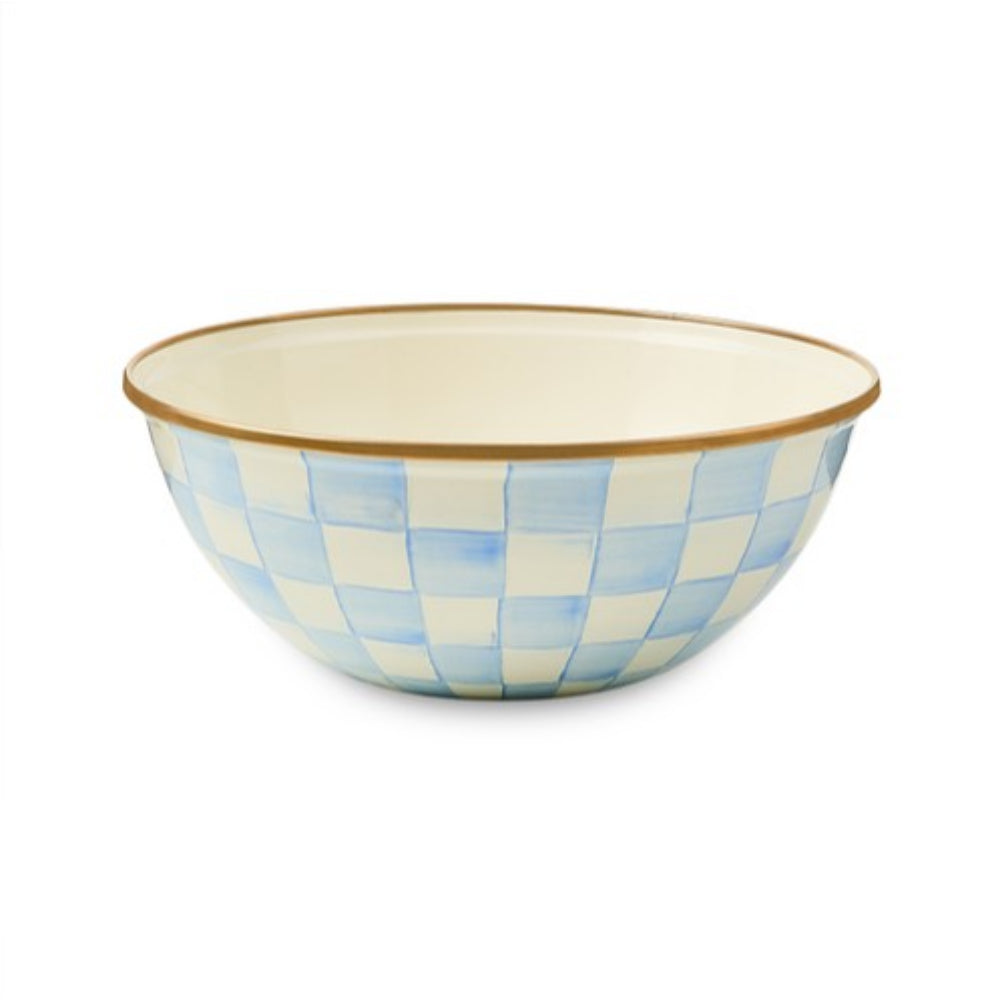 Ceramic sky check medium bowl with blue and beige checkered pattern on a white background