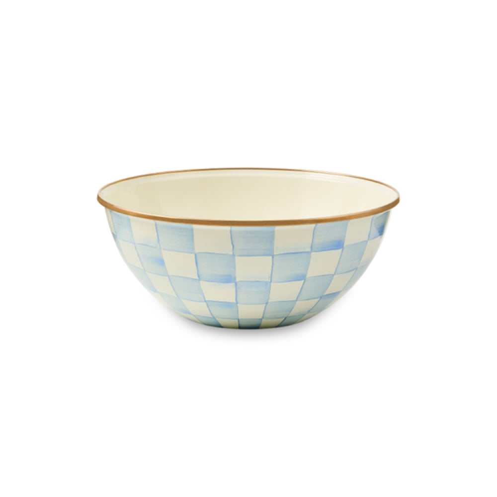 Hand-painted enamled sky blue and white checkerd bowl with a gold rim on a white backround. 