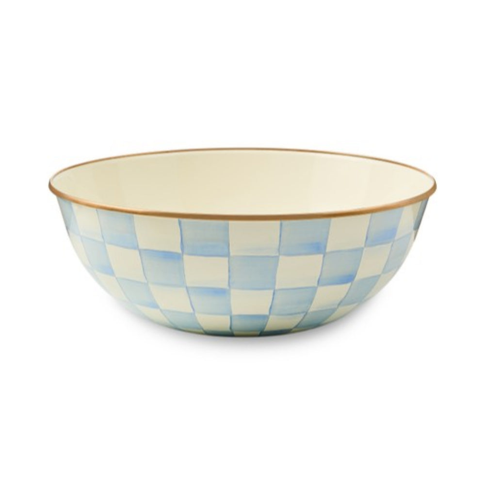 Ceramic sky check bowl with blue and beige checkered pattern on a white background