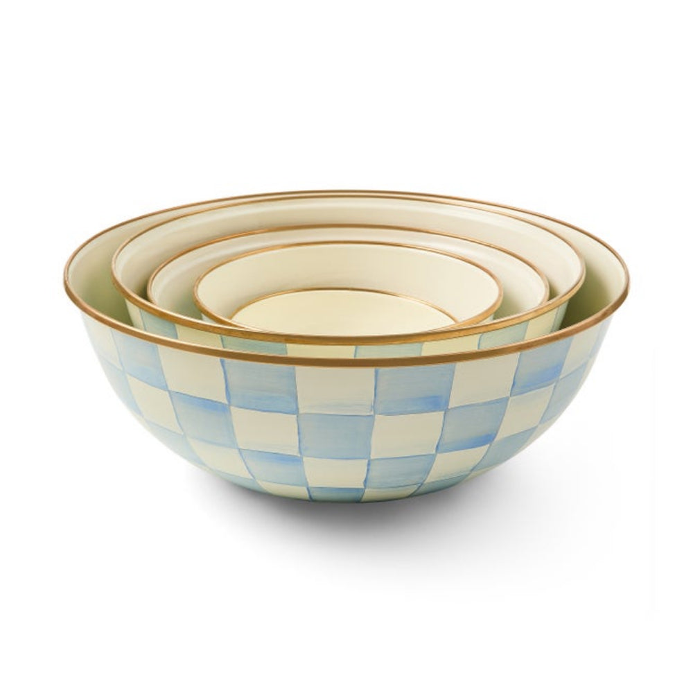 Set of sky check ceramic bowls with checkered pattern on a white background