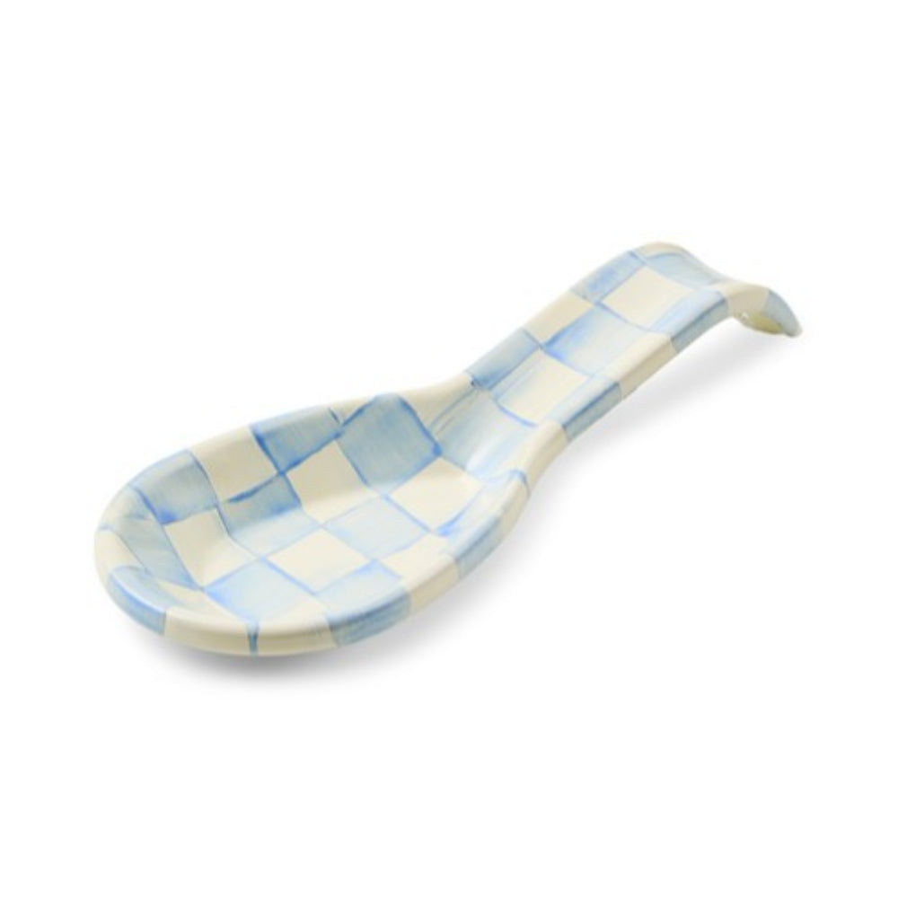 Sky Check Spoon Rest with blue and beige checkered pattern on a white background