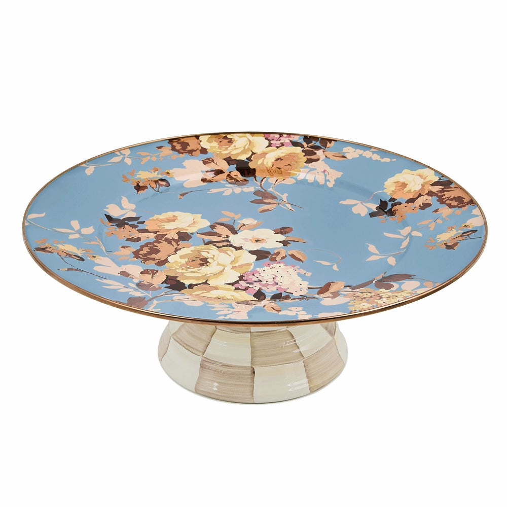 Round pedestal table with a light blue floral top and a cream-colored segmented base, shown on a plain white background.