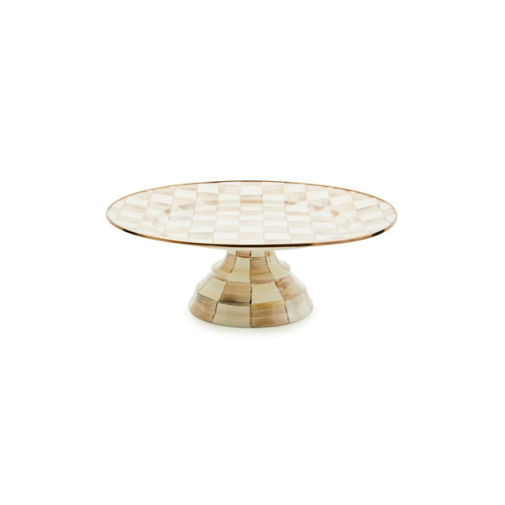 Large decorative cake stand with a mocha check pattern on a white background.