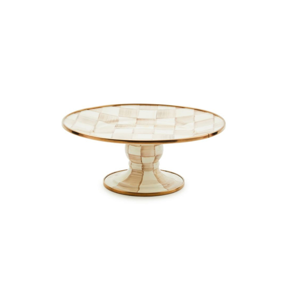 Mini decorative cake stand with a mocha check pattern on a white background.