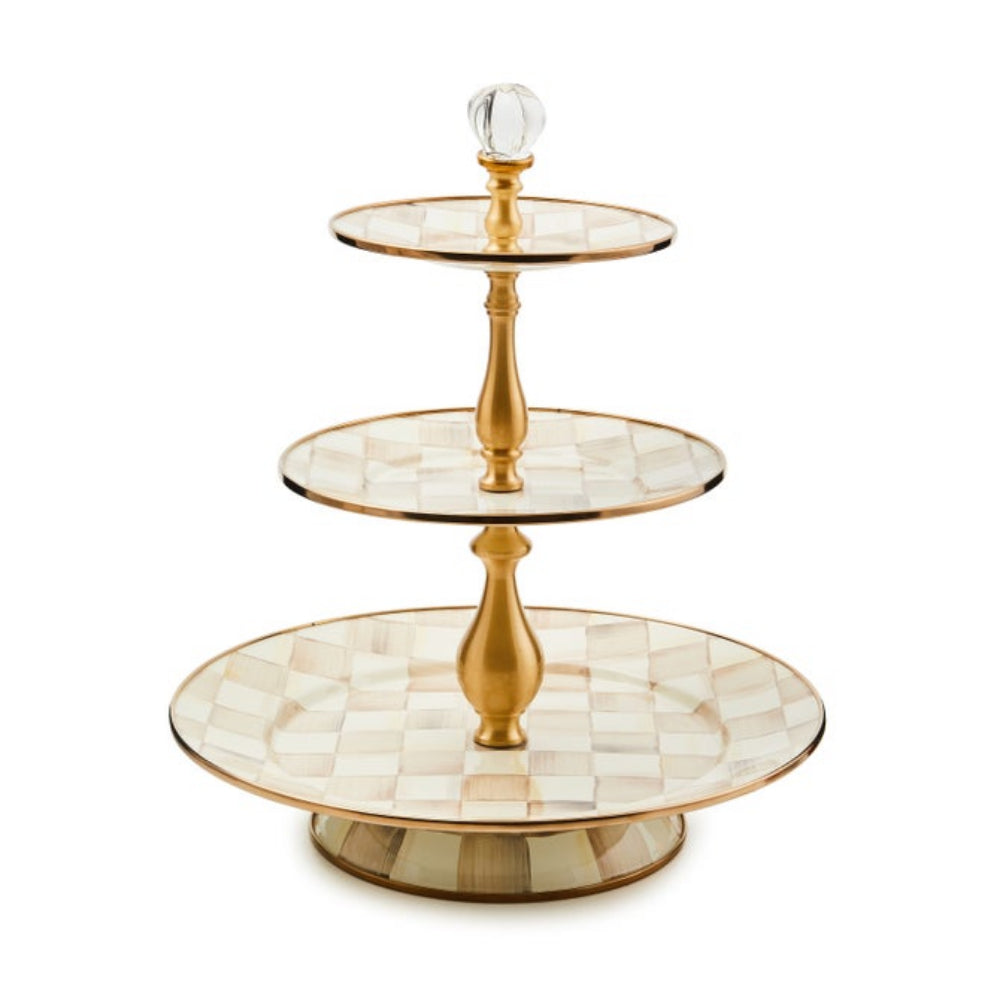 Three-tiered decorative stand with gold accents on a white background