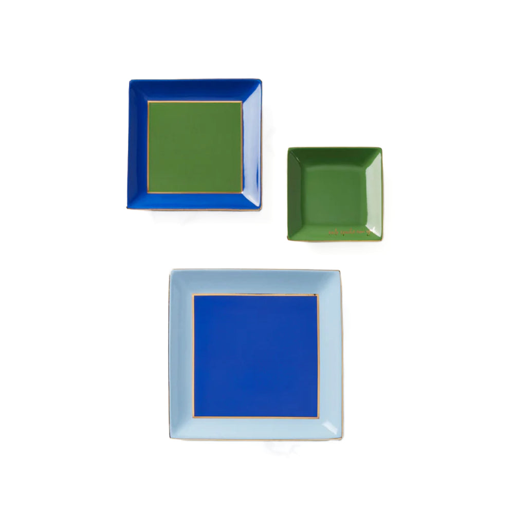 Kate Spade Make It Pop Cool Blue 3-Piece Tray Set on a white backround. 