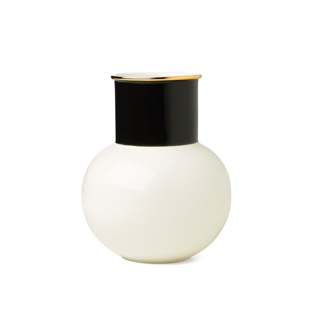 Round white vase with black cylindrical top on a white background.