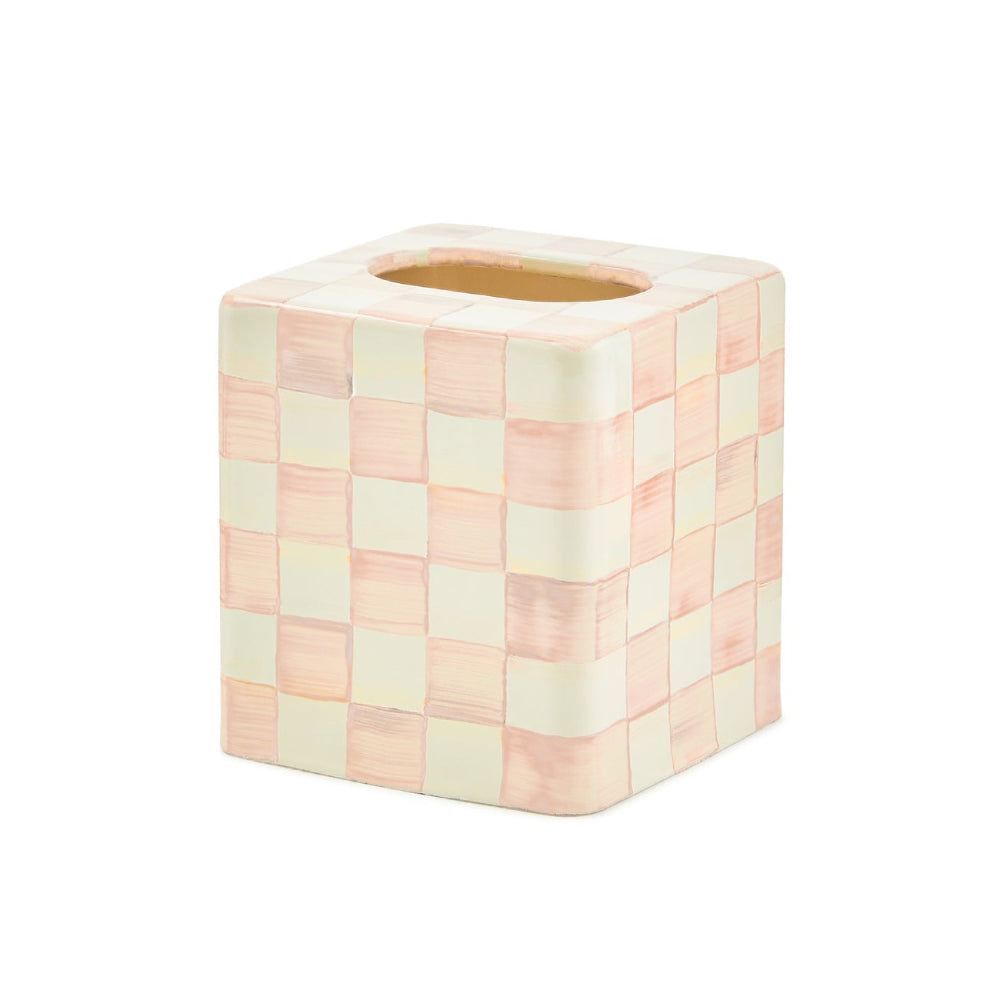 Checkered tissue box cover with pink and beige pattern on a white background