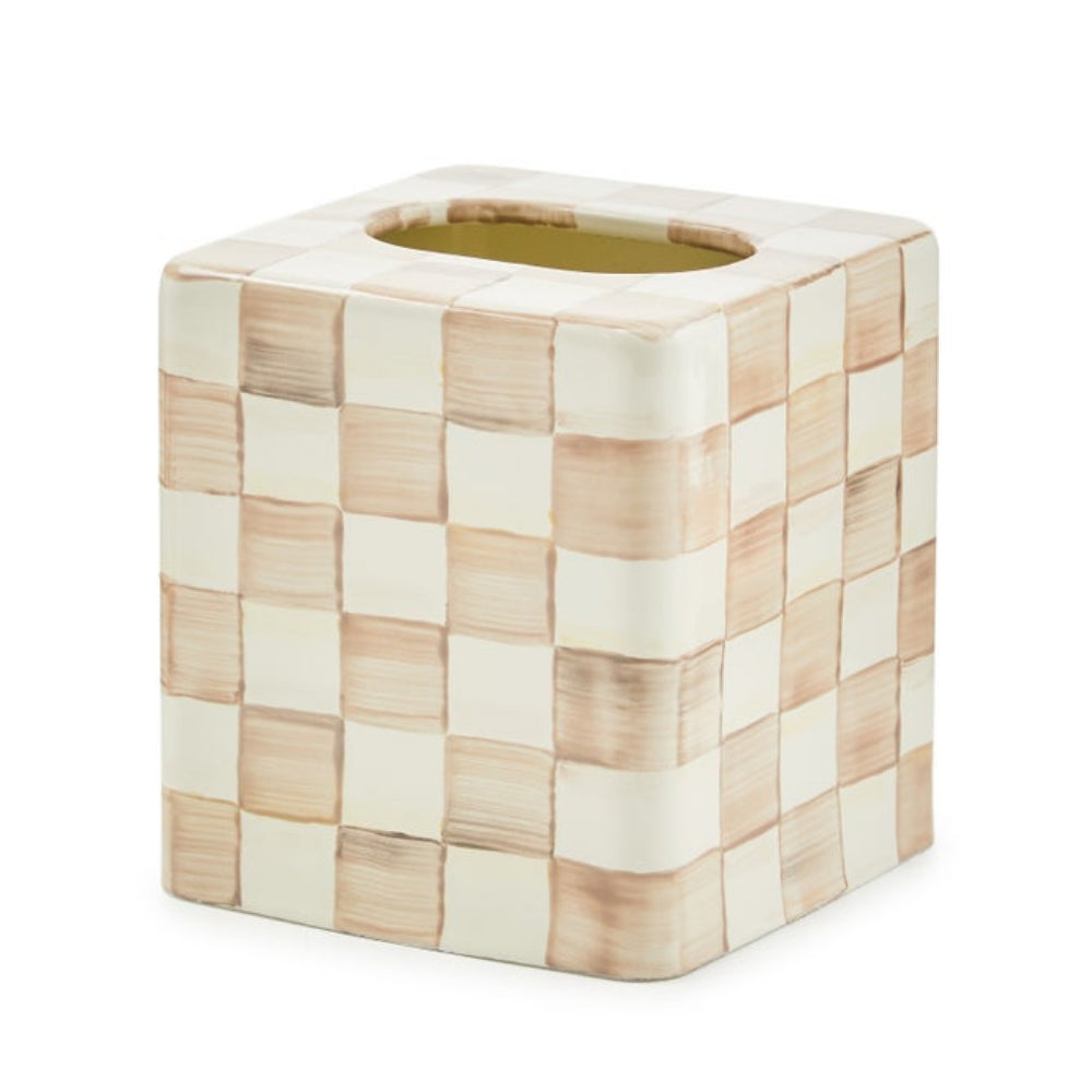 Square ceramic tissue holder with checkered pattern on a white background