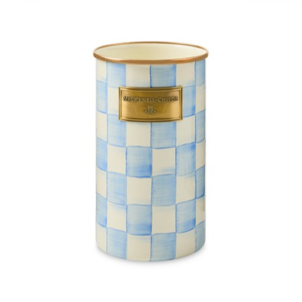Decorative Sky Check cylindrical container with blue and white checkered pattern and gold accent on a white background