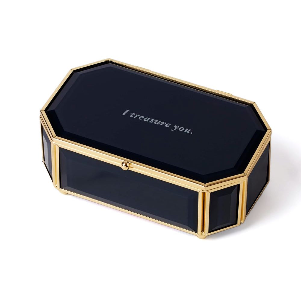 Black hexagonal  jewelry box with gold accents and 'I Treasure you.' text on a white background.